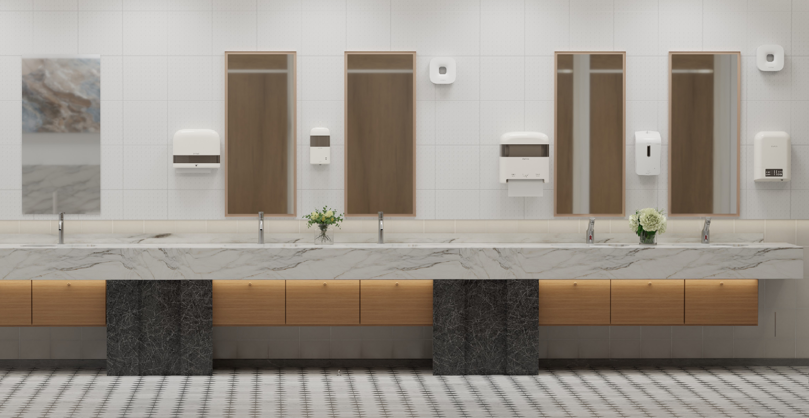 Core restroom equipment: Dispensers, paper systems, hand dryers, and trash bins